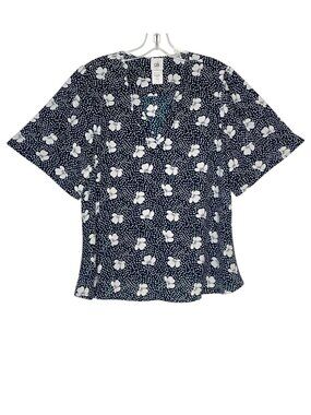 Cabi Blue Floral V-Neck Blouse Short Sleeves Dotted Print Lightweight Top Size L